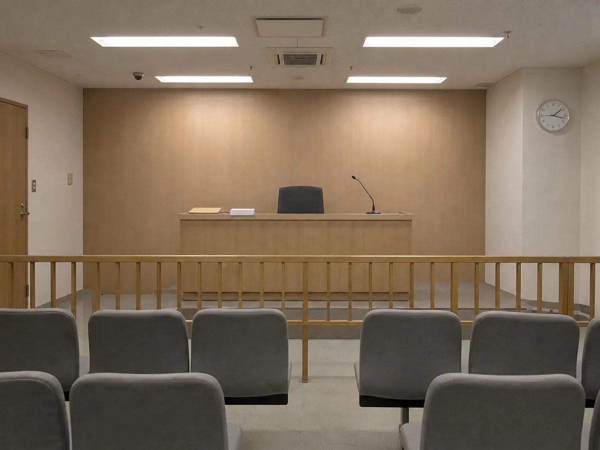 An empty Japanese summary courtroom seen from the public gallery. A single judge's bench of pale wood stands on a low platform behind a waist-high wooden rail, with a closed document folder and a microphone on it. Rows of grey fabric chairs are unoccupied. Nobody is present.