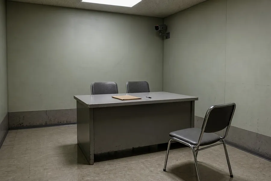 A photograph of a small, windowless interview room with pale grey-green walls and a worn vinyl floor. A plain grey steel desk stands in the centre; on the far side two identical chairs are set side by side, and on the near side a single chair is angled away from the desk as if someone has just risen from it. A closed manila folder and a pen lie on the desk. High in the corner a small video camera on a bracket points down at the near chair. A single fluorescent panel lights the room. No people are present. AI-generated photo illustration; not a photograph of any real room or proceeding.