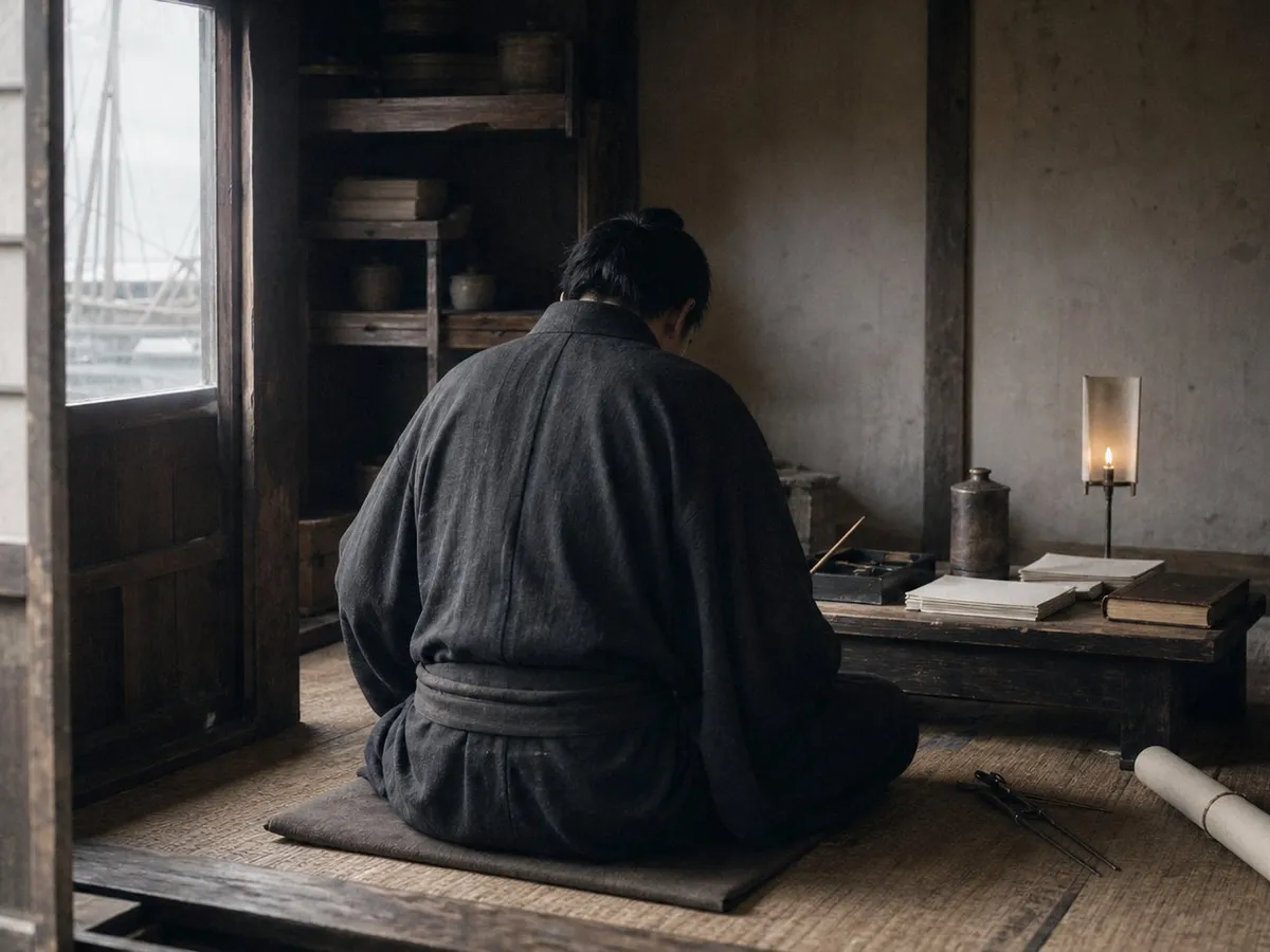 A photograph of a small tatami room in an early nineteenth-century Japanese building, lit softly through a paper screen door. A low writing desk holds a brush resting across a stone inkstone, a small water jar, a stack of plain unmarked paper and a thick foreign leather-bound book lying closed. A candle in a paper shade burns low beside a rolled chart tied with cord. A man in a plain dark kimono kneels at the desk with his back to the camera, shoulders rounded over the work; no face is visible. Through the doorway beyond, the masts and rigging of a ship stand against a pale sky. Ink-stained matting, worn wood, deep quiet. AI-generated photo illustration; not a photograph of any real room, document or person.