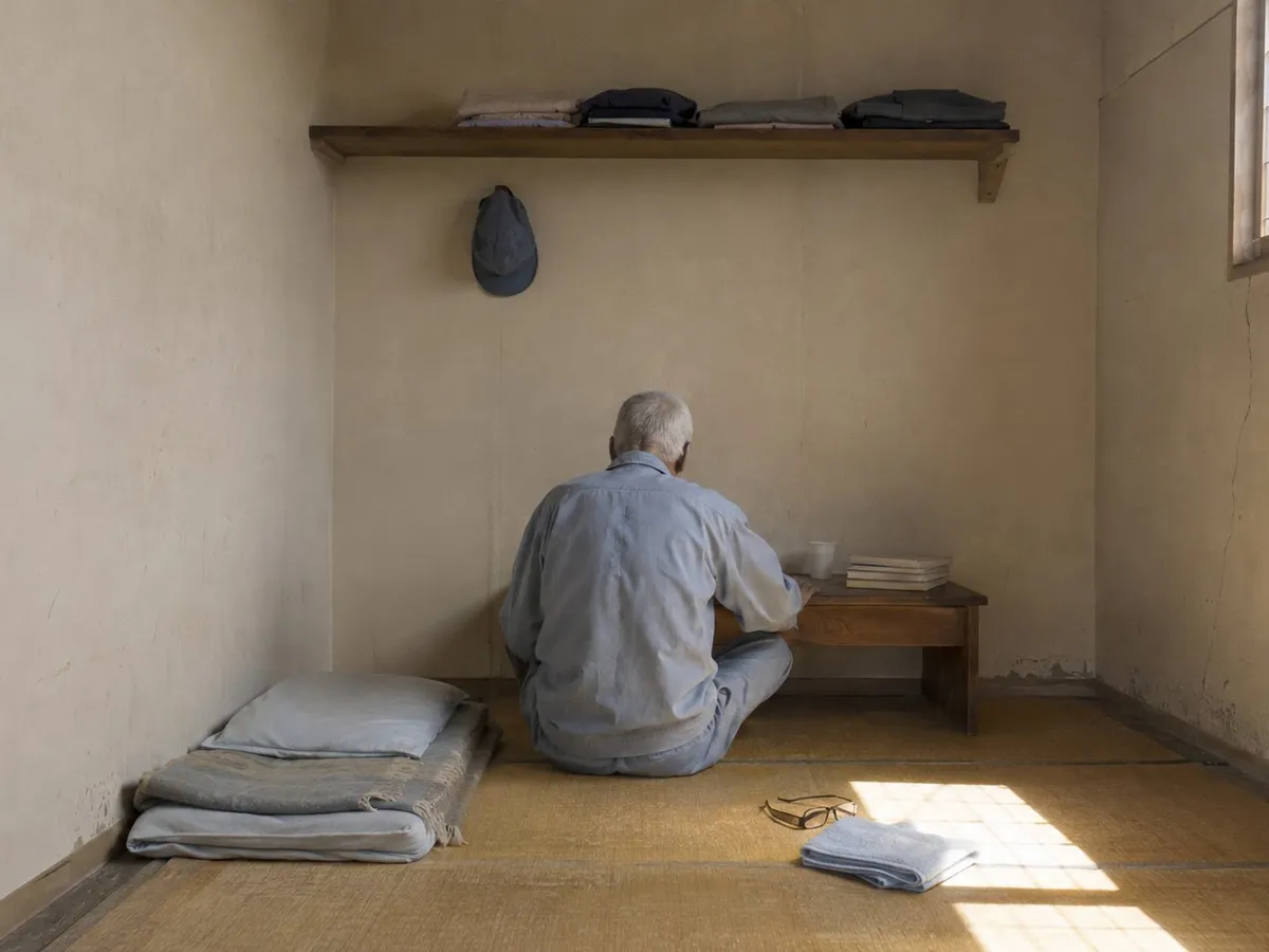 A small single-occupancy room in a plain institution, photographed from the doorway in the late afternoon. An elderly man sits on the floor with his back to the camera, facing a low wooden desk against the far wall. He wears an unmarked light grey-blue cotton work uniform, his back stooped and his hair short and white, and his face is entirely out of view. On the desk are a plastic cup and a few paperbacks laid flat so that no title can be read. A shelf above the desk holds a folded change of clothes, and a cloth cap hangs from a hook on the wall. A futon and a thin blanket are folded neatly on the tatami to the left. A window set high on the right wall, above head height and divided by thin metal glazing bars, throws a bright rectangle of low daylight across the matting, where a pair of reading glasses and a folded towel lie on the floor. One panel of the tatami is worn paler than the rest, in the place where someone habitually sits. Nobody else is present.