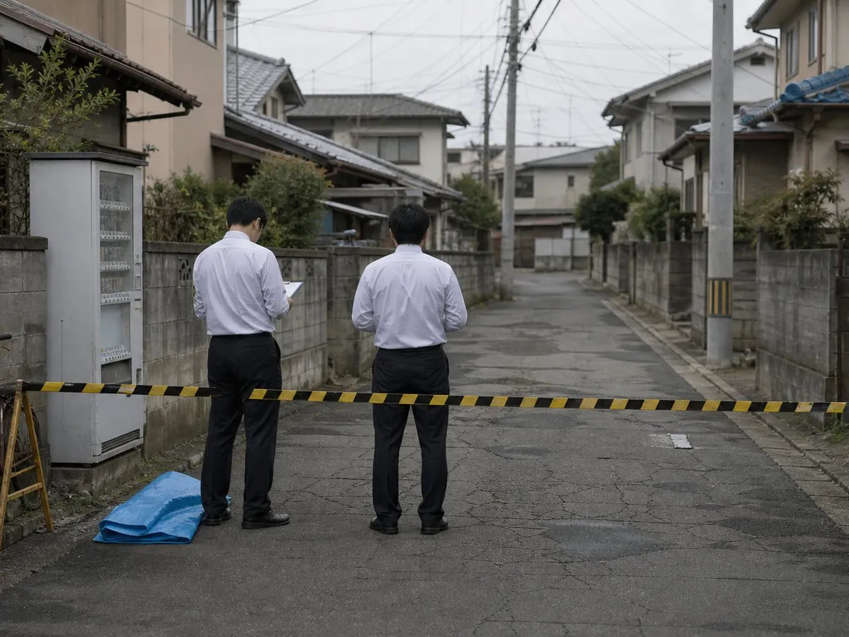 A photograph of a narrow residential back street in a Japanese town on an overcast morning, closed off across its width by plain striped barrier tape strung between two folding stands. Beyond the tape the street is empty: cracked asphalt, a low concrete block wall, a rusted bicycle, a drinks vending machine, grey utility poles carrying bundled cables, and small tiled-roof houses pressed close together. Two figures in dark trousers and pale shirts stand just inside the tape with their backs to the camera, one writing on a clipboard, the other looking away down the street; no faces and no insignia are visible. A folded blue plastic sheet lies on the ground beside them. AI-generated photo illustration; not a photograph of any real place, case or person.