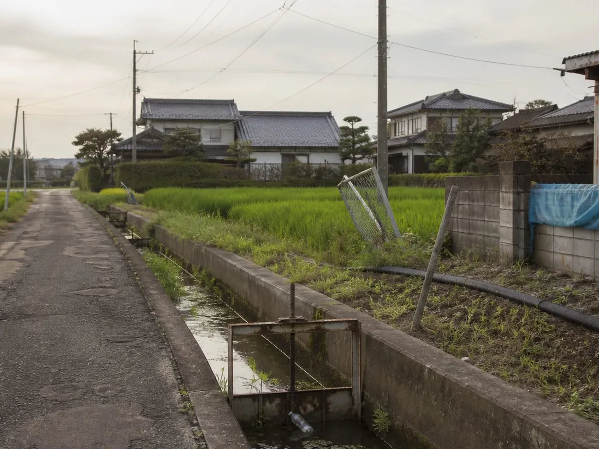A photograph of the edge of a small Japanese country town in the late afternoon. A narrow asphalt farm road runs away from the camera on the left, its surface cracked and patched with tar, with no guardrail. Beside it a concrete-lined irrigation channel about a metre wide holds shallow standing water with patches of green algae and a small rusted metal sluice gate. Beyond the channel lie rice paddies at mid-growth, a bent galvanised fence panel, a black plastic irrigation pipe, concrete utility poles carrying bundled cables, a faded blue tarpaulin folded over a low concrete block wall, a corrugated iron shed, and small houses with grey tiled roofs. No people are present. AI-generated photo illustration; not a photograph of any real place, case or person.