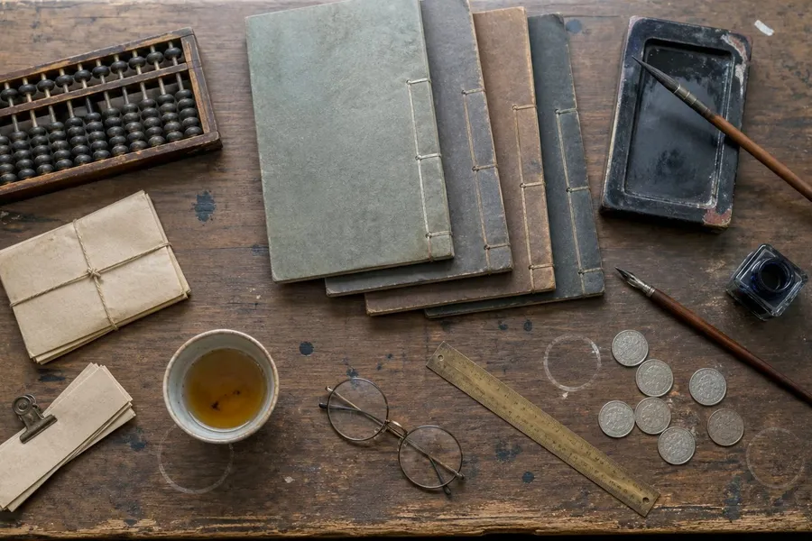 A paymaster's desk in a Japanese government office of the early 1870s, photographed from directly above. A wooden soroban abacus lies at the upper left. Four string-bound ledgers are stacked closed in the centre. To the right are a black lacquer inkstone with a brush across it, a glass ink bottle and a steel-nib pen. Below are a cup of tea half drunk, a pair of folded spectacles, a brass ruler, a bundle of tally slips under a clip, a paper packet tied with string, and eight silver coins. The desk is scratched and ring-stained. Nobody is present.