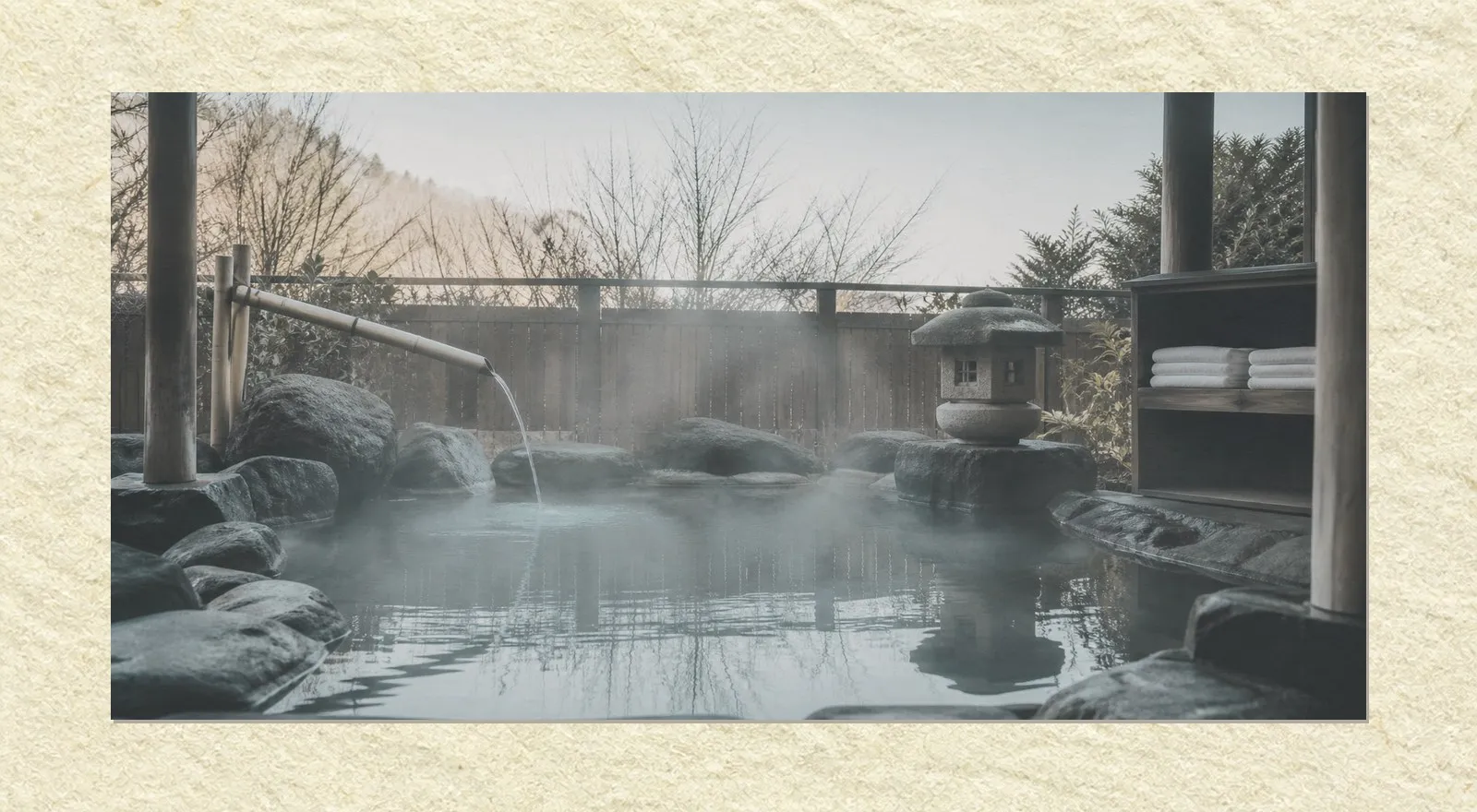 An empty outdoor hot spring bath in the early morning. Steam rises from still water edged with dark rock, a bamboo spout pours a thin stream into the bath, folded white towels are stacked on a wooden shelf and a stone lantern stands beyond. Nobody is present.
