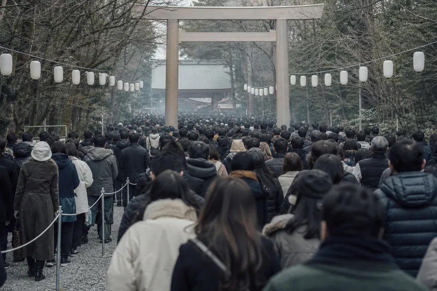 A photograph taken from inside a dense crowd on the gravel approach path to a Japanese shrine at New Year. Hundreds of people in dark winter coats stand shoulder to shoulder, all seen from behind, shuffling slowly toward a large plain wooden gateway that straddles the path ahead; beyond it the crowd continues and the roof of a hall is visible. Plain paper lanterns with nothing written on them hang on a line overhead, bare branches show against a white sky, and a temporary barrier of steel poles and rope runs along one side. Cold winter light, breath and smoke hazing the air. No faces are visible. AI-generated photo illustration; not a photograph of any real place, event or person.