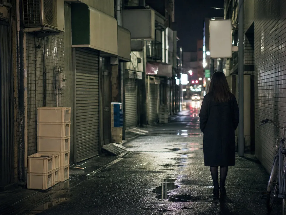 A photograph looking down a narrow back street in a Japanese entertainment district long after midnight. One woman in a plain dark coat stands alone against a tiled wall, seen entirely from behind with no face visible. Shuttered doorways, stacked plastic crates, an air-conditioning unit and a vending machine casting cold light line the alley, and unlit blank signboards project from the walls above. The wet asphalt holds puddles, a bicycle leans against the tiles, and coloured light from the main street glows out of focus at the far end. AI-generated photo illustration; not a photograph of any real street, business or person.