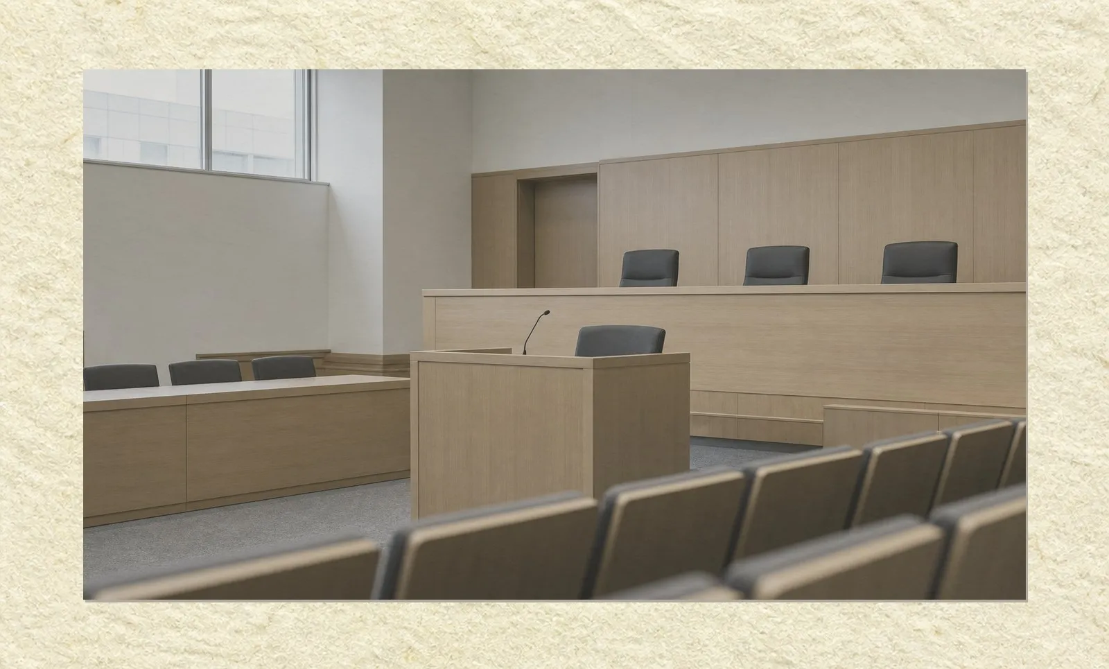 A muted photograph mounted on pale paper with a narrow margin. An empty modern courtroom in pale wood, seen from the side. In the middle ground a plain wooden witness box with a small microphone on its rail and an empty chair behind it faces the raised judges' bench, where three empty chairs stand in a row. Counsel tables to the left carry nothing. Rows of empty public seating fill the foreground, slightly out of focus. Cool daylight enters from a high window; no people are present. AI-generated photo illustration; not a photograph of any real courtroom or proceeding.