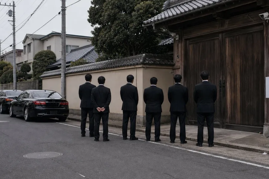 A photograph of the closed front gate of a large walled compound on a quiet Japanese residential street under flat overcast light. A high plastered wall topped with grey roof tiles runs along the pavement to a heavy dark wooden gate, shut, with two small security cameras on brackets angled down at it and a blank white paper notice pasted to the gatepost. Four polished black sedans stand nose to tail along the kerb. Six men in plain black suits wait in a loose line on the pavement facing the gate, all seen from behind; no faces are visible. AI-generated photo illustration; not a photograph of any real premises, organisation or person.