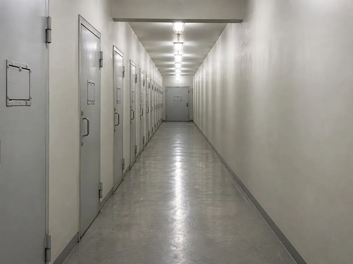 A photograph looking straight down a long internal corridor in an ageing detention facility. Heavy pale grey steel doors, each with a small closed inspection hatch, line the left wall at regular intervals; a plain painted concrete wall runs along the right. The polished grey floor reflects a receding line of caged ceiling lights, and the corridor ends in a closed door. Cold even light, no shadows, no people. AI-generated photo illustration; not a photograph of any real facility.