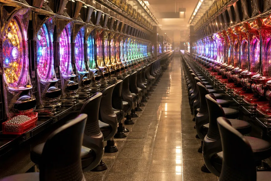 A photograph looking down a long aisle between two facing banks of pachinko machines in an empty parlour. The machine panels glow in saturated reds, purples and blues, their chrome trays and handles catching the light, and the polished floor reflects the colour back. Every seat in the aisle is empty and a single small tray of steel balls sits abandoned on one shelf. The far end of the aisle falls away into haze. No people are present. AI-generated photo illustration; not a photograph of any real parlour.