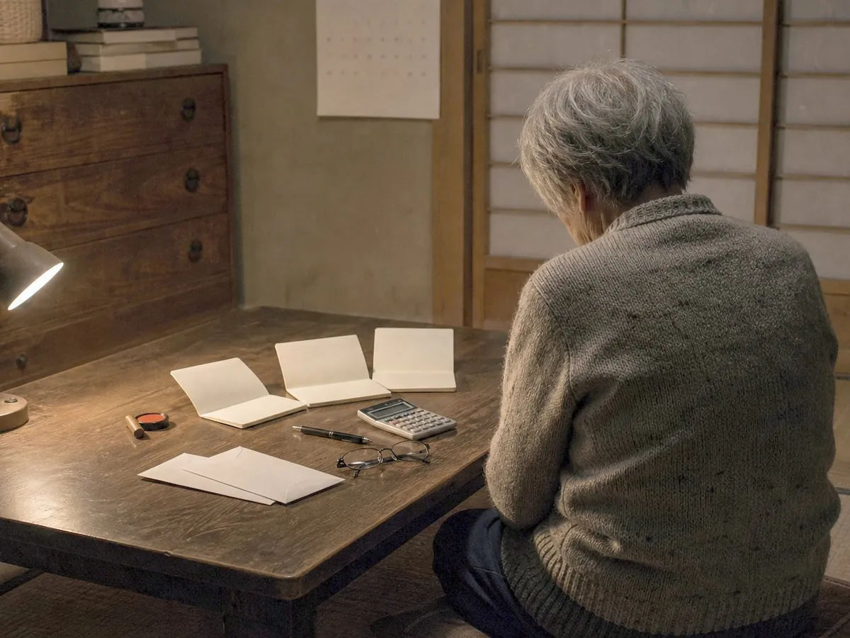 A photograph of a dim tatami room in an older Japanese house late at night, lit only by a single desk lamp. On a low dark wooden table lie three bank passbooks opened flat, a small cylindrical personal seal beside a red ink pad, two plain white envelopes, a pocket calculator, a pen and a folded pair of reading glasses. An elderly woman in a plain knitted cardigan kneels at the table with her back to the camera, her head slightly bowed and her hands resting in her lap; no face is visible. A paper sliding screen, a low chest of drawers and a blank wall calendar stand behind her, and the corners of the room fall away into shadow. AI-generated photo illustration; not a photograph of any real person or household.