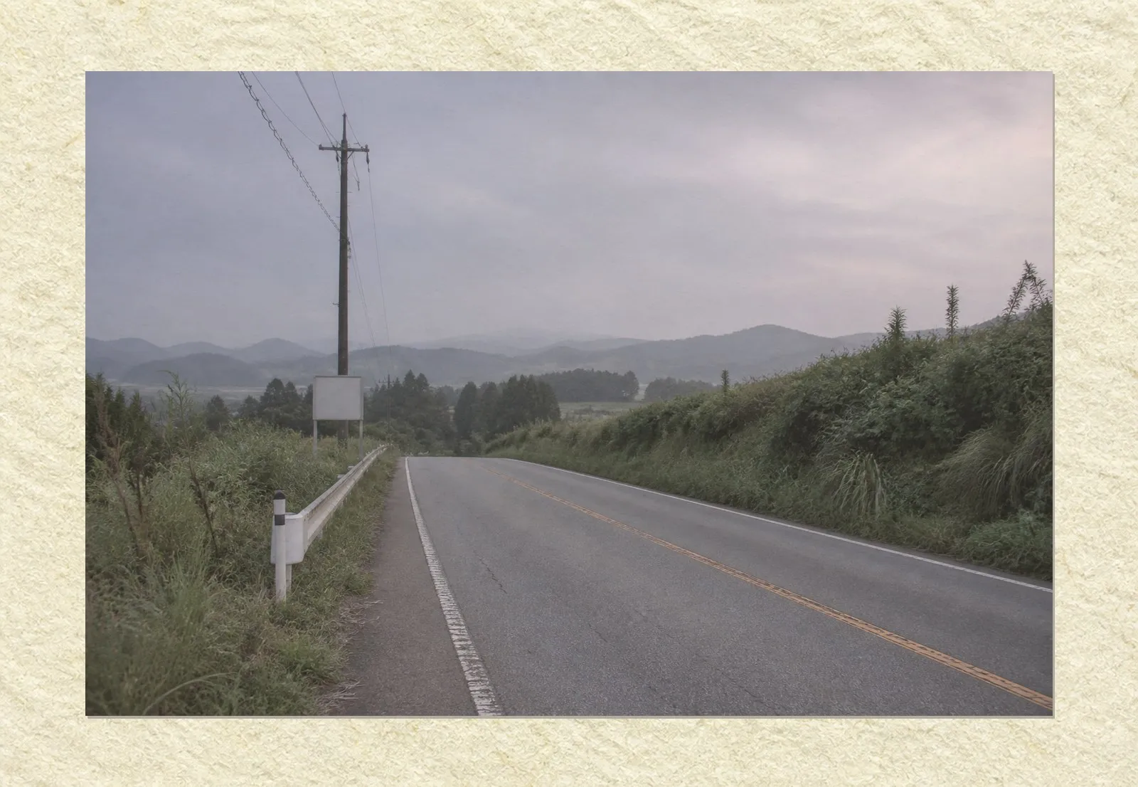 An empty two-lane road at dusk in rural Japan, photographed from the verge. A guardrail and a utility pole stand at the left, overgrown grass lines both sides, and low hills fade into haze behind. No people or vehicles are present.