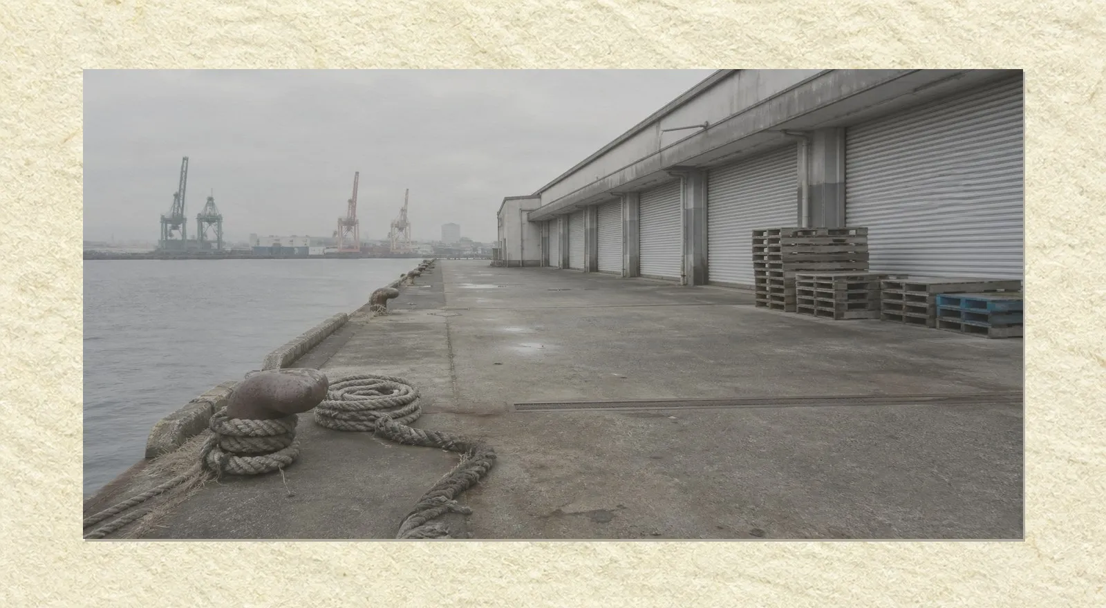 A deserted concrete quay on an overcast morning. A rusted mooring bollard with thick coiled rope stands in the foreground, a long warehouse with closed corrugated shutters runs along the right, stacked wooden pallets sit beside it, and gantry cranes stand in the haze across grey water. Nobody is present.