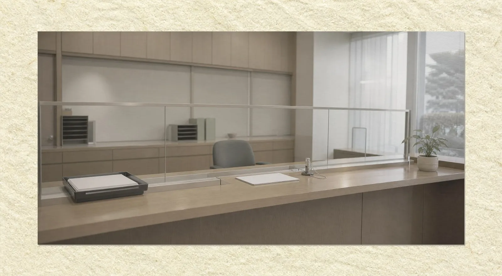 An empty teller counter in a small bank branch, seen from the customer side. A polished wooden counter runs across the frame with a low glass partition above it, a tray of blank forms sits on the near side, and an empty office chair stands behind. Nobody is present.